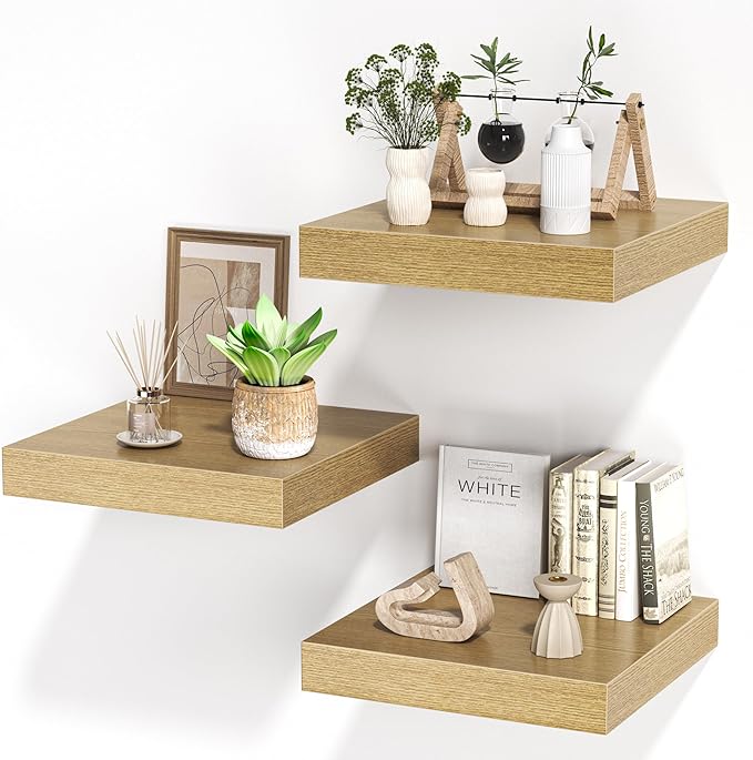 Square Floating Shelves for Wall, 12" W x 12" D x 1.2" H, Small Wooden Wall Mounted Display Shelves with Invisible Brackets for Living Room, Bedroom, Bathroom, Kitchen Decor, Set of 3, Oak-Ruum Studio Home
