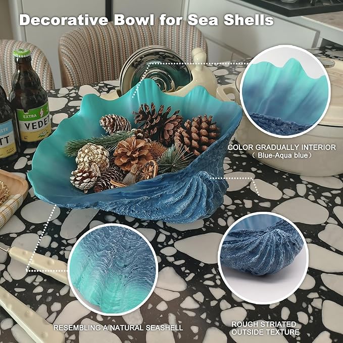 Extra Large Clam Shells Decorative Bowl-Caribbean Blue Sea Shells Decorative Storage Bowls for Coastal Beach theme house table centerpiece decorations & Nautical decor for coffee table-12.4"-1PC-Ruum Studio Home
