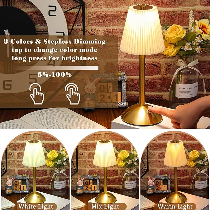 Liliful 2 Pcs LED Portable Cordless Table Lamp Touch Battery Operated Rechargeable Desk Lamp 3 Color Dimmable for Bedroom Living Room Dining (Beige Cloth Style,Gold)-Ruum Studio Home