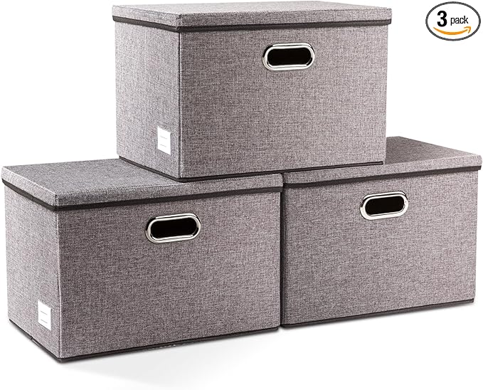 PRANDOM Large Collapsible Storage Bins with Lids [3-Pack] Linen Fabric Foldable Storage Boxes Organizer Containers Baskets Cube with Cover for Home Bedroom Closet Office Nursery (17.7x11.8x11.8)-Ruum Studio Home