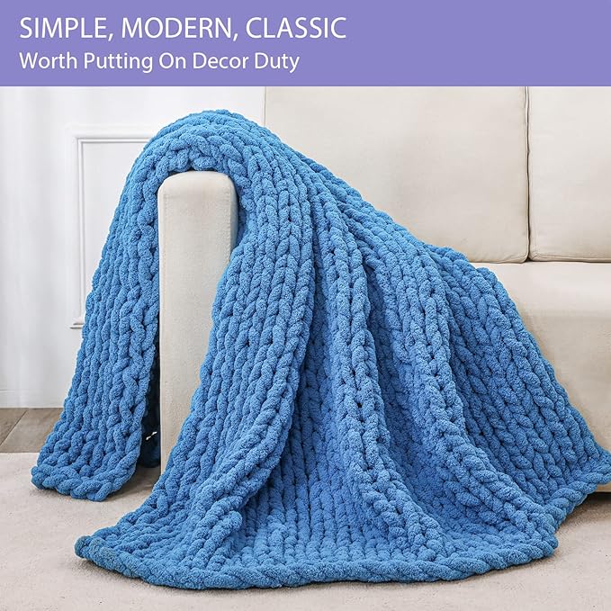 Bigacogo Chunky Knit Throw Blanket for Couch, 51x63 inches, 100% Hand Knitted with Thick Jumbo Chenille Yarn, Cozy Soft Large Rope Knot Cable Crochet Blankets for Sofa Bed Living Room, Bright Blue-Ruum Studio Home