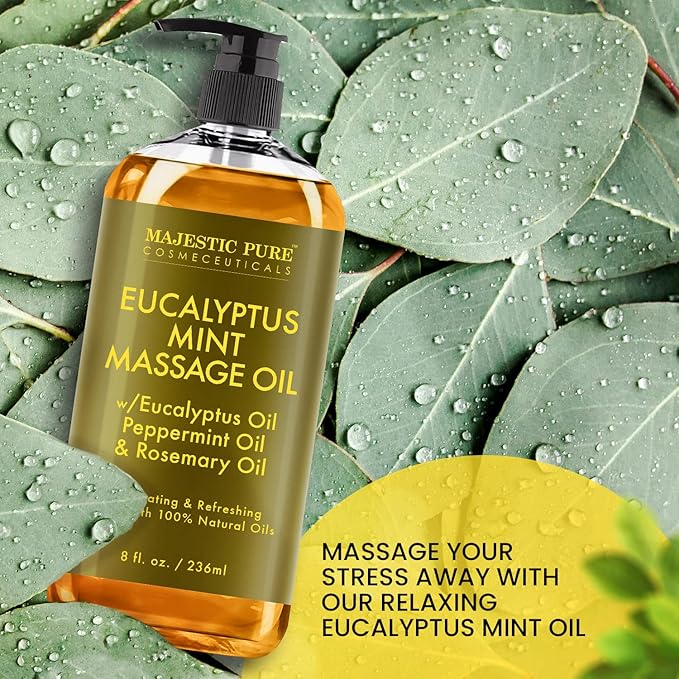 MAJESTIC PURE Eucalyptus Mint Massage Oil for Massage Therapy - Refreshing, and Relaxing - Natural Oils with Eucalyptus Essential Oil - for All Skin Types - Men and Women - 8 fl oz-Ruum Studio Home