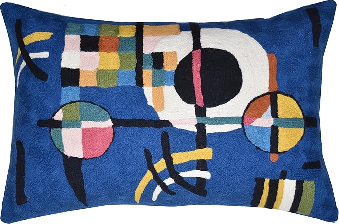 Lumbar Kandinsky Blue Modern Pillow Cover - Counterweights Mid-Century Chair Cushions Blues Abstract Pillowcase Contemporary Sofa Pillowsham Handembroidered Wool Size 14x20-Ruum Studio Home