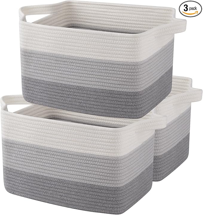 OIAHOMY Storage Basket, Woven Baskets for Storage, Cotton Rope Basket for toys,Towel Baskets for Bathroom - Pack of 3, Gradient Gray-Ruum Studio Home