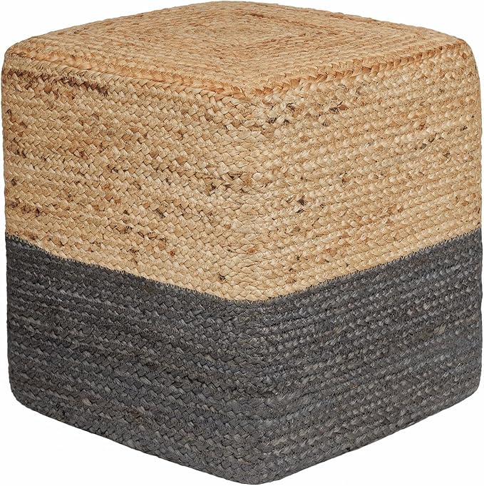 REDEARTH · Cube Pouf Foot Stool Ottoman - Jute Braided Pouffe Poof Accent Sitting Footrest for The Living Room, Bedroom, Nursery, Patio, Lounge & Other Rooms (14.5”x14.5”x16”; Natural Gray)-Ruum Studio Home