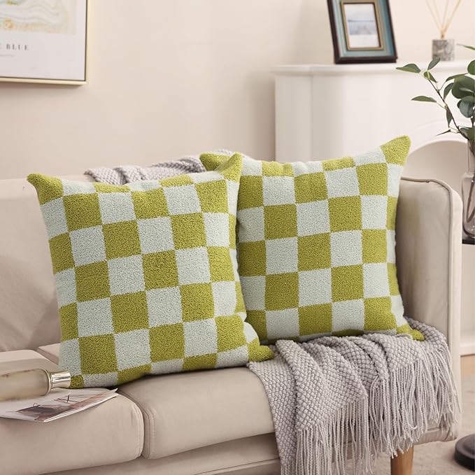 Alysheer Checkered Embroidered Decorative Throw Pillow Covers 18"x 18" Set of 2, Farmhouse Cottage Blue Green Designer Plaid Patterned Cotton Accent Cushion Case for Sofa Couch Bed Living Room-Ruum Studio Home