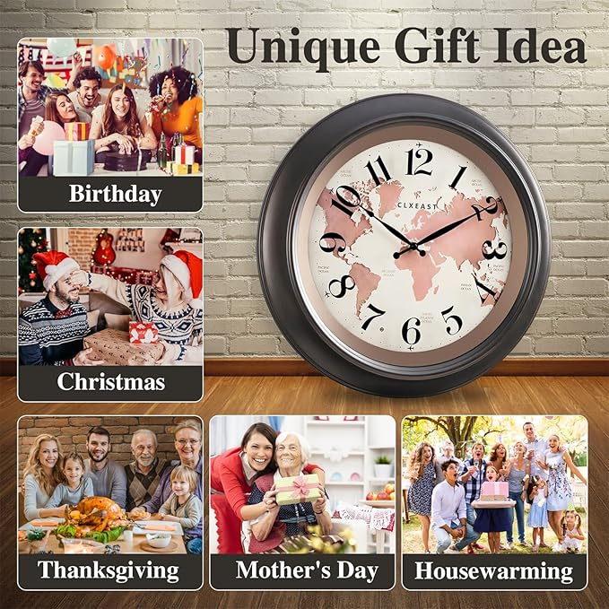 CLXEAST 18 Inch Illuminated Wall Clock with Smart LED Light Sensor, Large Modern World Map Wall Clocks for Living Room Decor,Oil Rubbed Bronze,Unique House Warming Gifts-Ruum Studio Home
