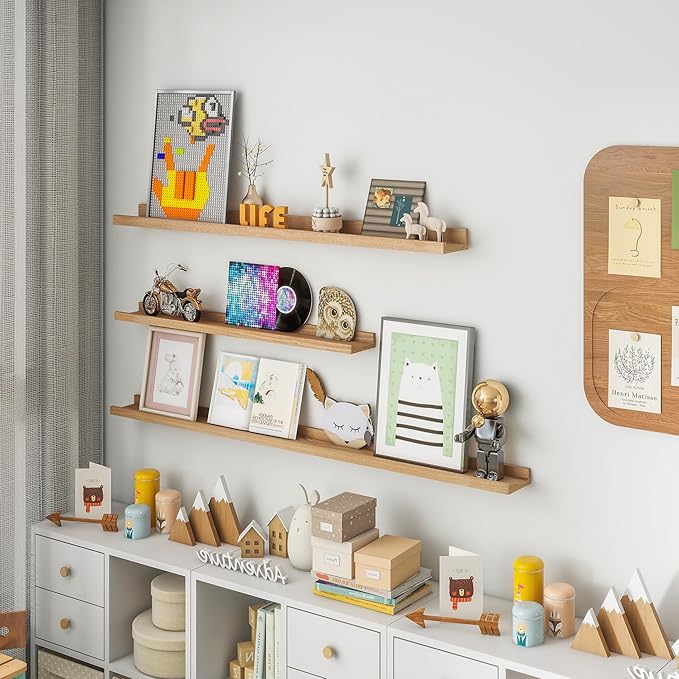 Solid Ash Wood Picture Ledge Shelf, Wood Floating Shelves Set of 2, 48 Inch Long Large Photo Ledge Shelves, Nursery Book Shelves Wall Mounted for Living Room Kids' Bedroom Decor, Natural-Ruum Studio Home