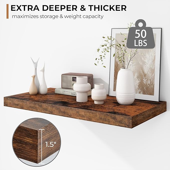 Fun Memories Floating Shelves - 2 Pack 12 Inch Deep Rustic Wooden Wall Shelves - Extra Deeper & Thicker Wall Mounted Storage Shelf for Living Room, Kitchen, Farmhouse - 24" W x 12" D x 1.5" H - Brown-Ruum Studio Home