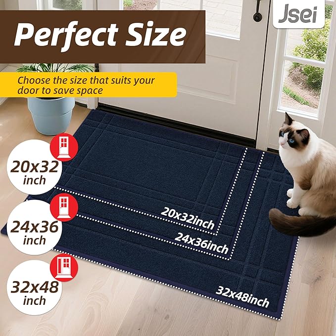 JSEI Entryway Rugs Doormat 20"x32", Non-Slip Dirt Trapper Door Mats Indoor, Washable Absorbent and Stain Resist Welcome Floor Mat for Front Door, Dog Door Mat, Muddy Wet Shoes & Paws, Navy Blue-Ruum Studio Home