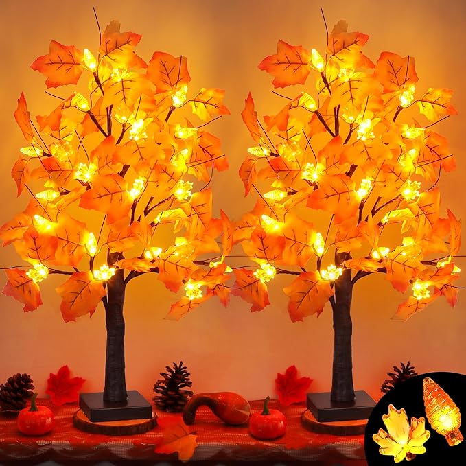 2 Pack 24 Inch Prelit Fall Maple Tree Fall Decor with 48 LEDs Timer Battery Operated Artificial Fall Light Up Tree Maple Acorn for Fall Thanksgiving Decorations Table Home Office Indoor Autumn Harvest-Ruum Studio Home