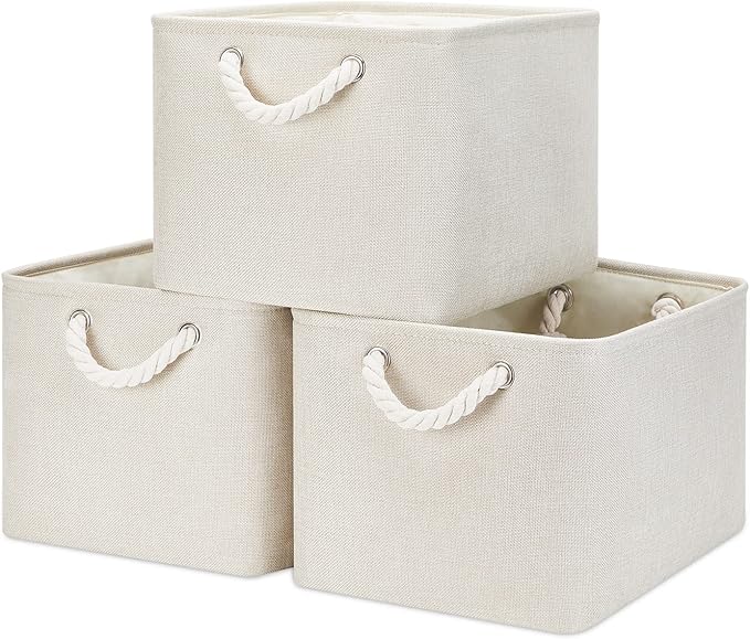 Bidtakay Baskets Collapsible Large Toy Storage Baskets for Organizing Set of 3 Closet Organizer Linen Cream Storage Bins 15 X 11 X 9.5 Inch Shelf Organizer Bins for Nursery Storage (Light Beige)-Ruum Studio Home