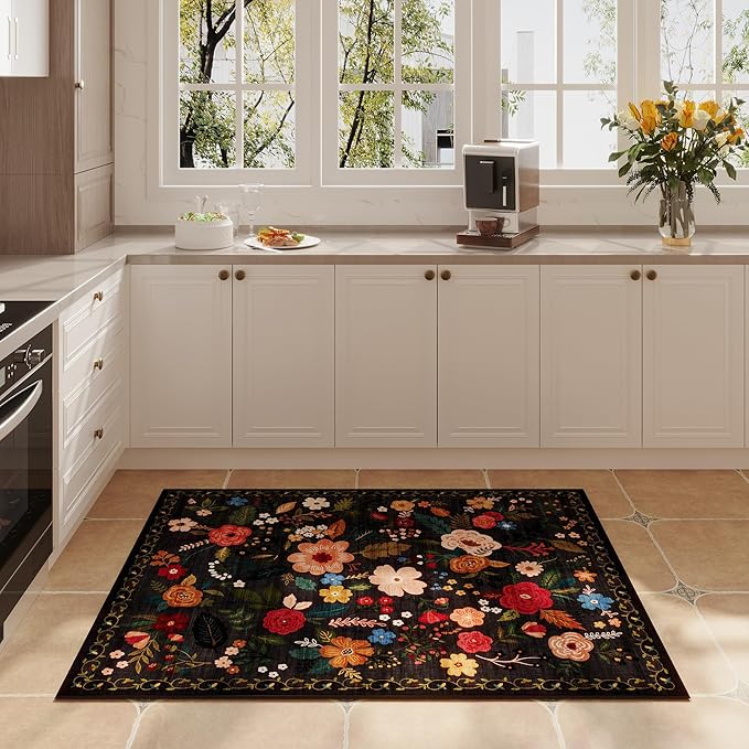Door Mat Indoor Entrance 2x3 Rug Machine Washable Boho Floral Small Area Rug Non-Slip Low Pile Throw Rugs for Entryway, Kitchen, Front Door Indoor Entrance, Entry, Kids Room (Black)-Ruum Studio Home