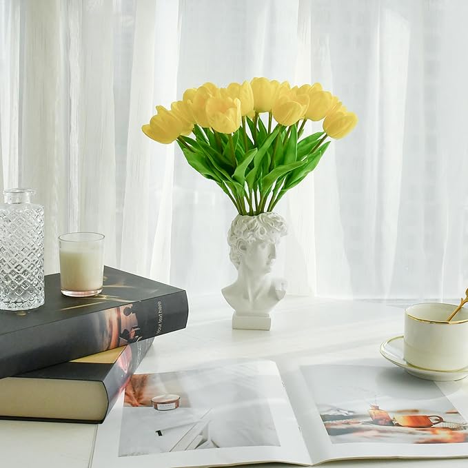 Mandy's Artificial Tulips 12 Stems Yellow Partially Open PU Faux Flowers for Wedding Home Decor 13.5 Inch-Ruum Studio Home