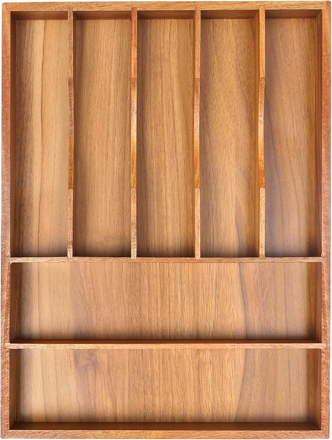 Bellsal Bamboo Silverware Organizer, 12"x15.7" Utensil Holder Cutlery Tray with Grooved Drawer Dividers for Kitchen Flatware, Bedroom, Office (7 Slot, Acacia)-Ruum Studio Home