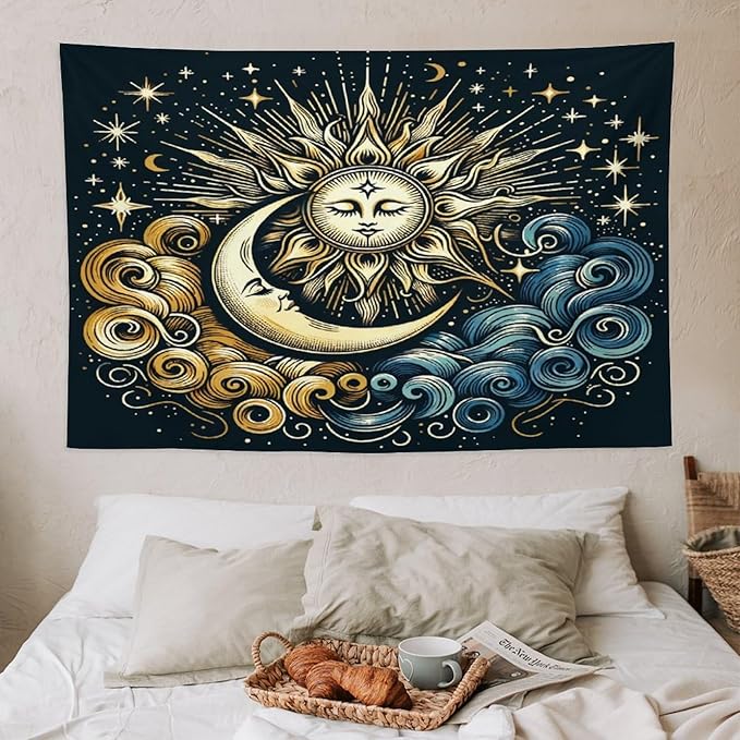 HZOHNAGO Sun Moon Tapestry Boho Golden Stars Pattern Printed Wall Tapestry Wall Hanging for Bedroom Living Room Dorm 60" W x 40" H-Ruum Studio Home