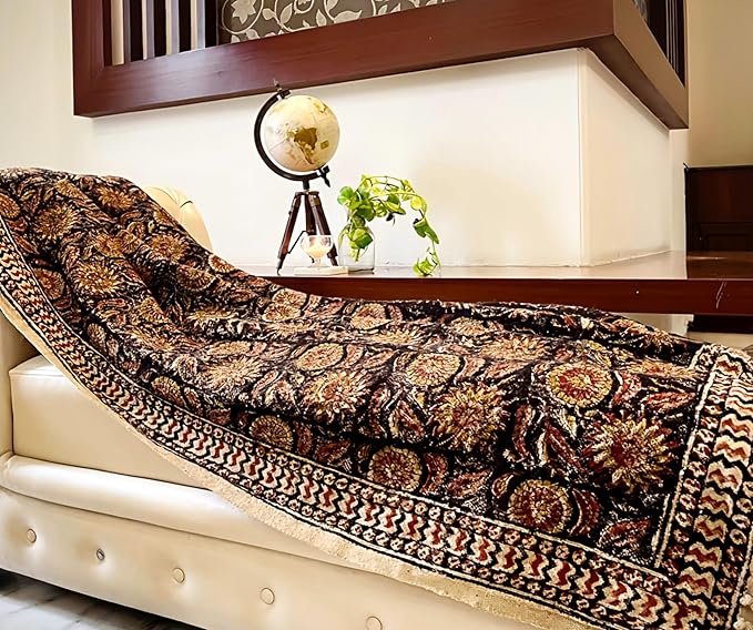 Bohemian Mud Cloth Handmade Throw with Tassels - 120x180 CM Handblock Printed Floral Cotton Blanket, Soft Handloom Sofa Throw for Living Room, Bed, Couch & Home Décor-Ruum Studio Home
