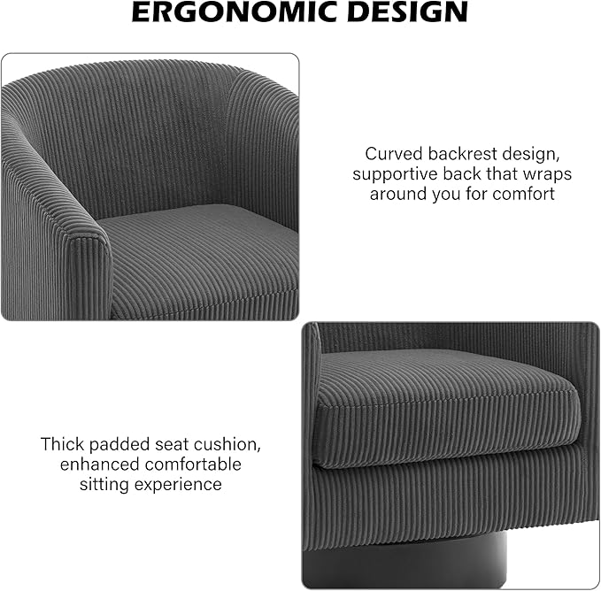 Swivel Barrel Accent Chair, Modern Round Corduroy Fabric Arm Chair for Living Room, Bedroom, Comfy Club Reading Chairs for Adults (Corduroy Grey, Set of 2)-Ruum Studio Home