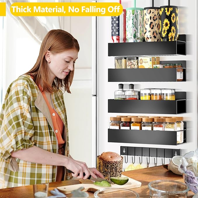 Magnetic Spice Rack Organizer for Fridge Seasoning Organizer for Kitchen storage with Screw or Adhesive Hanging,Magnetic Shelf with Hook for Refrigerator and Oven (Black, 5pack)-Ruum Studio Home
