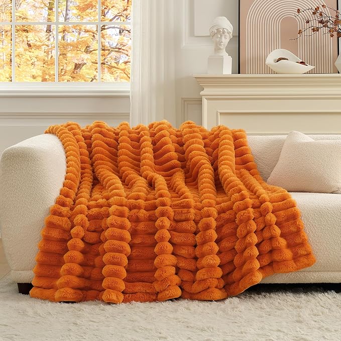 Cozy Bliss Fall Harvest Faux Fur Throw Blanket for Couch, Cozy Warm Plush Striped Blanket for for Decorating Couch Sofa Bedroom Living Room,50 * 60 Inches Burnt Orange-Ruum Studio Home