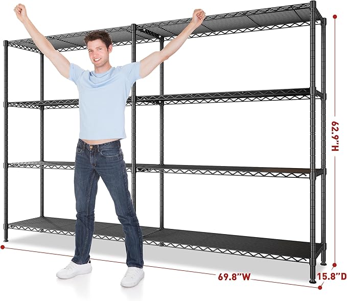 REIBII 69.8" W Storage Shelves 1250LBS Wire Shelving Unit 4 Tier Metal Shelving for Storage Rack Shelves Adjustable Heavy Duty Garage Shelf Pantry Shelves Kitchen Shelving, 69.8"Wx15.8"Dx62.9"H,Black-Ruum Studio Home