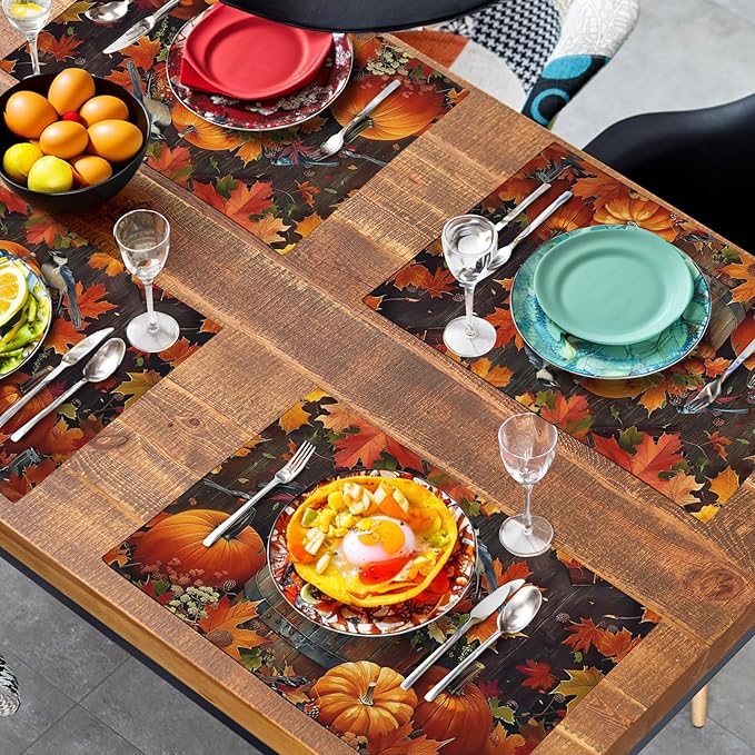 Pumpkin Maple Leaf Bird Fall Placemats Set of 4 Autumn Thanksgiving Seasonal Holiday Harvest Linen Table Mats Orange Brown Washable Place Mats for Party Kitchen Dining Outdoor Indoor Decor-Ruum Studio Home