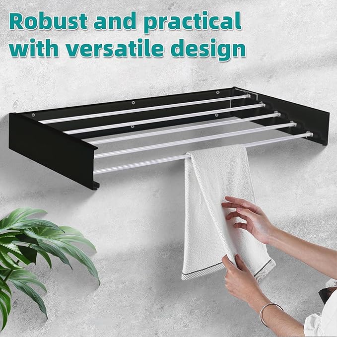 Laundry Drying Rack Collapsible, Wall Mounted Clothes Drying Rack. 39.37" Wide, 19.3 Linear Ft, 5 Aluminum Rods, with Wall Template, Screwdriver Bit (Black 1M)-Ruum Studio Home