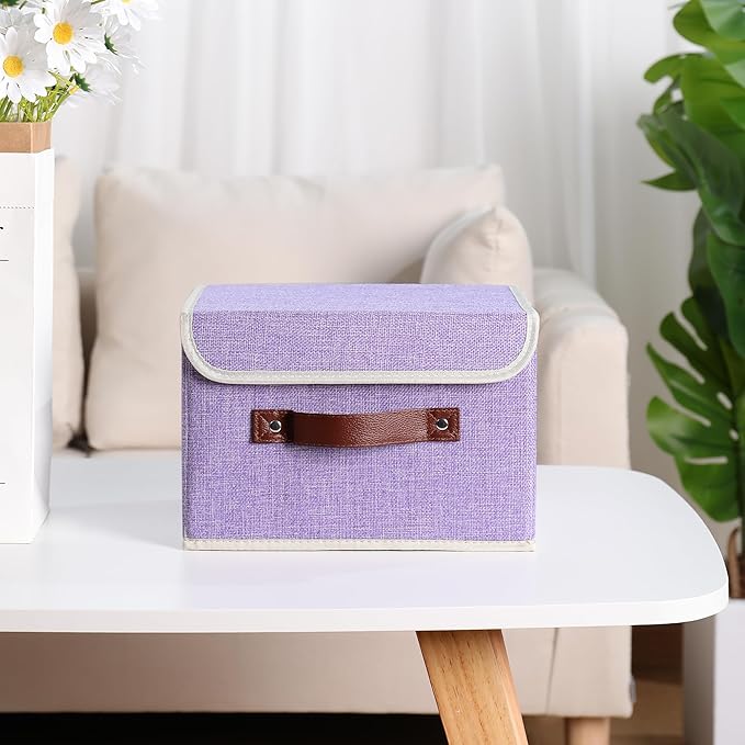 ANMINY Storage Bin with Lid Storage Boxes with PU Leather Handles PP Plastic Board Decorative Foldable Lidded Cotton Linen Fabric Home Cubes Baskets Closet Organizer Container - Purple, Small Size-Ruum Studio Home