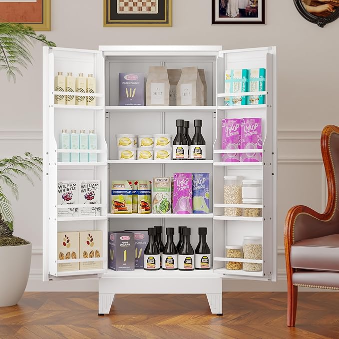 51" Metal Kitchen Pantry Cabinet, Storage Cabinets with 2 Door and 3 Adjustable Shelves, White Freestanding Food Storage Cabinet, Steel Cupboard for Kitchen Dinning Room-Ruum Studio Home