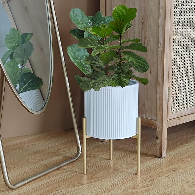 ARNIS Modern Planter Pots, Set of 2 Round Large Planters with Stand, Decorative Floor Planters, Metal Pots with Drainage Holes for Living Room, Office, Garden or Balcony, 8.25 &10.5 Inch, White & Gold-Ruum Studio Home