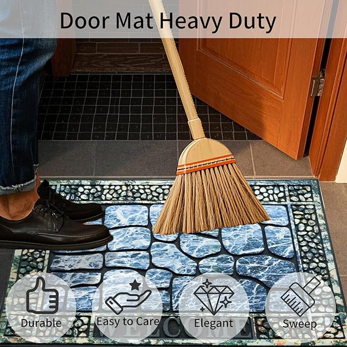 Door Mat Welcome Mat, Heavy Duty Door Mat 17.7 x 29.5 Inch Front Door Mat Rug Doormat for Outdoor Entrance Home Non-Slip Rubber Rug for Front Door, Outside, Entryway, Patio (Blue Welcome)-Ruum Studio Home