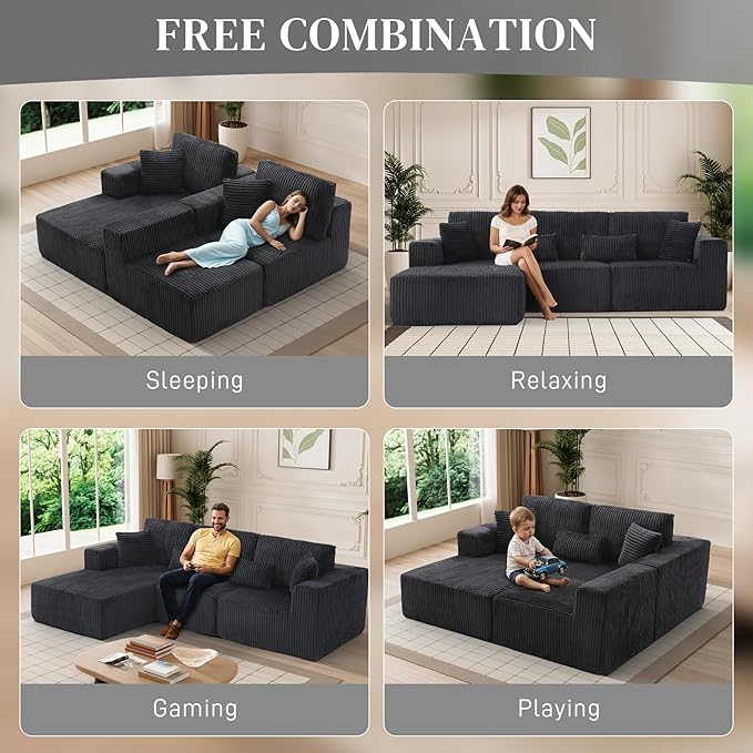 HYJT-H&K Modular Sectional Sofa Cloud Sectional Couch, 107" Comfy Fluffy L Shaped Dark Black Couches for Living Room, Deep Seat Memory Foam Plush Corduroy Boneless Couch Sectionals Left Facing Chaise-Ruum Studio Home