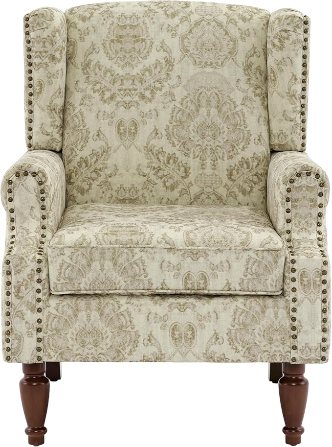 UIXE High Back Floral Accent Chairs Set of 2, Upholstered Armchair in Fabric, Retro Printed Wingback Arm Chair for Living Room, Nailhead Trim Single Sofa Bedroom Reading Seat - White-Ruum Studio Home