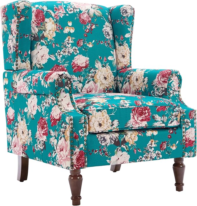 UIXE High Back Floral Accent Chair, Upholstered Armchair in Fabric, Retro Printed Wingback Arm Chair for Living Room, Nailhead Trim Single Sofa Bedroom Reading Seat - Peacock Blue-Ruum Studio Home