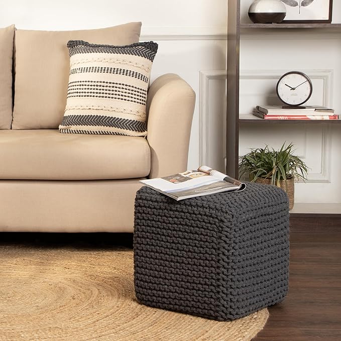 REDEARTH Cube Pouf Foot Stool Ottoman - Hand Knitted Coffee Table - Cotton Cord Boho Pouffe - Home Décor Poof - Stuffed Footrest for Living Room - Bedroom - Patio (16" x 16" x 16") - Dark Gray-Ruum Studio Home