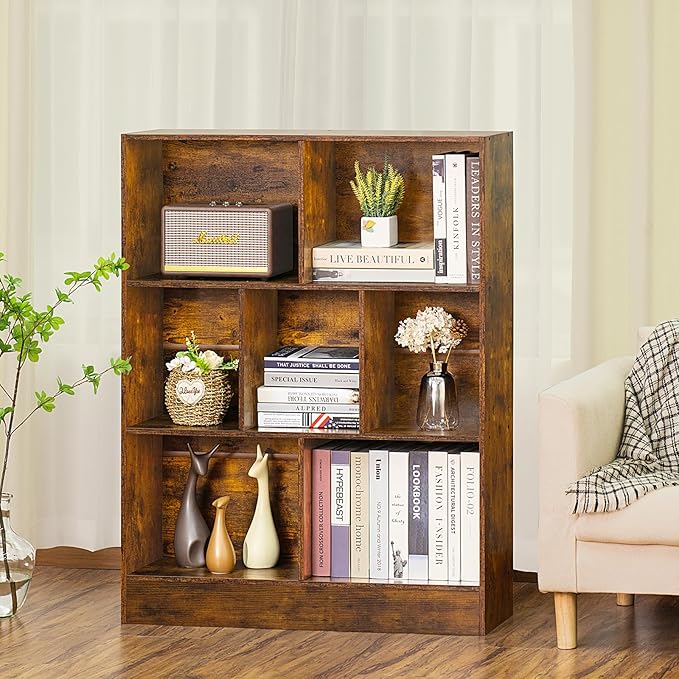 LEYAOYAO 7 Cube Bookshelf with Wood Base, Brown 3 Tier Mid-Century Modern Bookcase,Standing Wide Bookshelves Storage Organizer Shelf,Rustic Display Cabinet Book Shelves for Bedroom,Living Room,Office-Ruum Studio Home