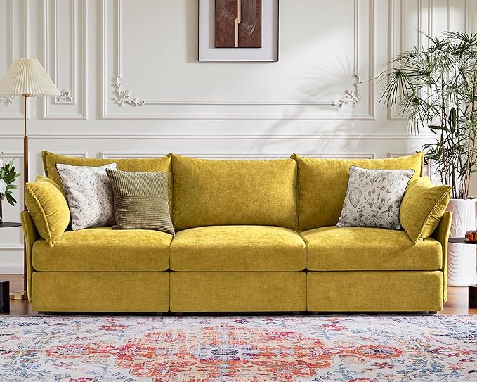 102.6" Modular Sectional Sofa, Oversized 3-Seater Couch with Removable Yellow Chenille Fabric Cover, Deep Seat & High Backrest for Living Room, Office & Apartment-Ruum Studio Home
