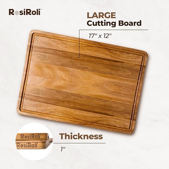 Acacia Wood Cutting Board for Kitchen - 1 inch Thick FSC Certified Wood Charcuterie Cheese Board with Side Handles and Juice Grooves, Wooden Chopping Block for Meat and Veggies, 17x12 inch