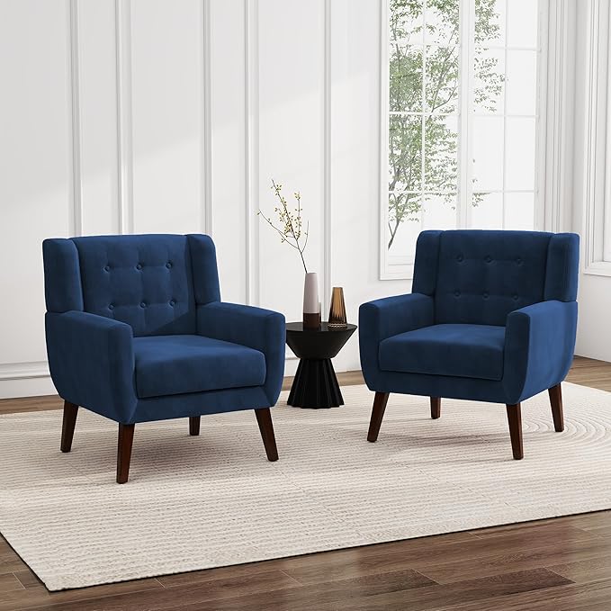 UIXE Velvet Accent Chairs Set of 2, Modern Arm Chair Mid-Century Living Room Armchair, Comfy Upholstered Button Tufted Reading Seat Bedroom Side Sitting, Royal Blue-Ruum Studio Home