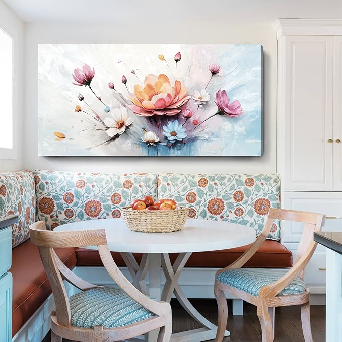 amatop Large Floral Wall Art – Modern Pink White and Blue Abstract Colorful Flower Bouquet Print Large Botanical Canvas Picture Nature Artwork Wall Decor for Living Room Bedroom Office 48x24 inch-Ruum Studio Home
