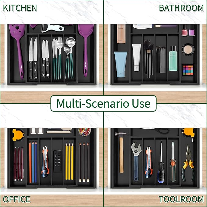 Utoplike Bamboo Silverware Drawer Organizer, Expandable Kitchen Utensils Drawer Organiser, Cutlery Tray Dividers, Flatware Caddy Drawer Insert, Office Supplies, Black 5-7 Slot-Ruum Studio Home