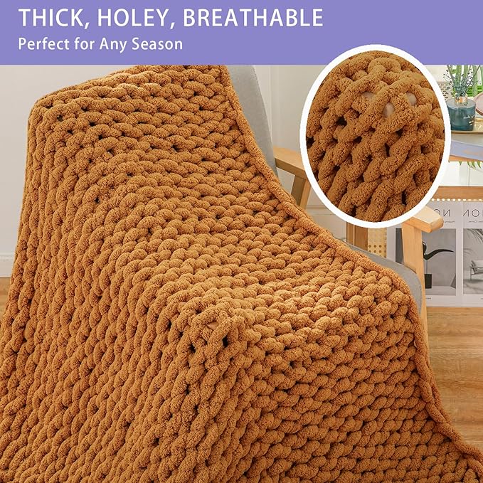 Bigacogo Chunky Knit Throw Blanket for Couch, 40x60 inches, 100% Hand Knitted with Thick Jumbo Chenille Yarn, Cozy Soft Large Rope Knot Cable Crochet Blankets for Sofa Bed Living Room, Burnt Orange-Ruum Studio Home