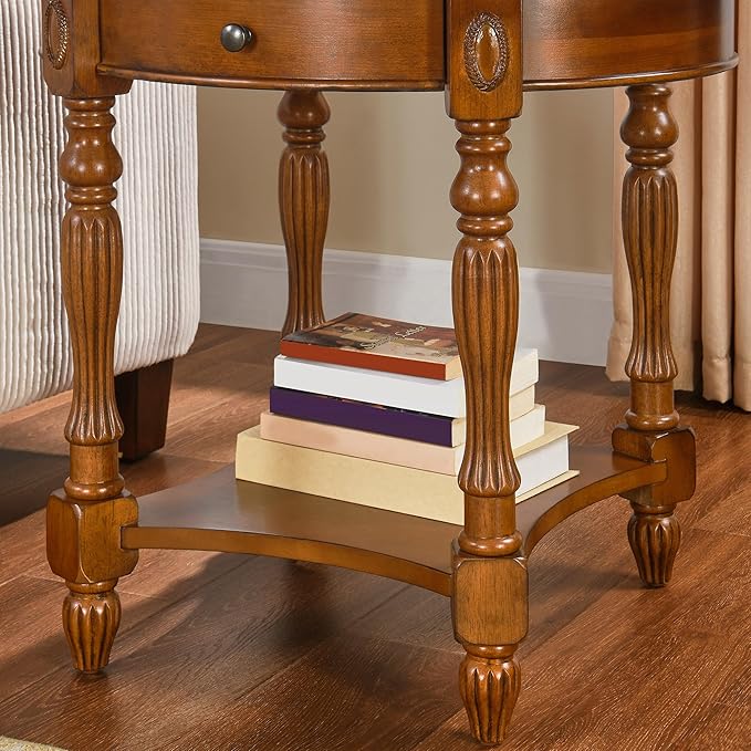 Solid Wood End Table with Drawer and Storage Shelf, Oval Sofa Side Table with Carved Legs, Living Room Corner Table, Large Beside Table, Elegant Vintage, No-Tools Assembly, Caramel Brown CJZ1533MG-Ruum Studio Home