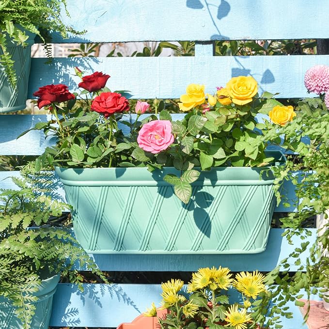 Sungmor 3 Pack Wall Hanging Planters, 16.5 Inch Railing Fence Hanging Flower Pots, Thickened Plastic Water Storage Plant Pot, Indoor Outdoor Garden Balcony Decor, Light Green Large Plant Basket-Ruum Studio Home