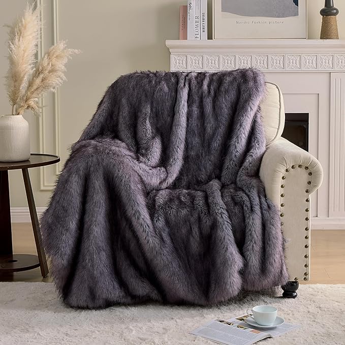 Fluffy Faux Fur Throw Blanket – Super Soft Warm Thick Plush Blanket for Bed, Couch & Office, Cozy Fuzzy Throw with Flannel Backing,50"x60", Grey-Ruum Studio Home