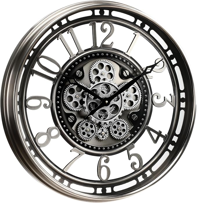 CLXEAST 21 Inch Large Moving Gear Wall Clock,Industrial Steampunk Decor,Decorative Wall Clock for Modern Farmhouse Living Room Decor,Gunmetal Silver Finish-Ruum Studio Home