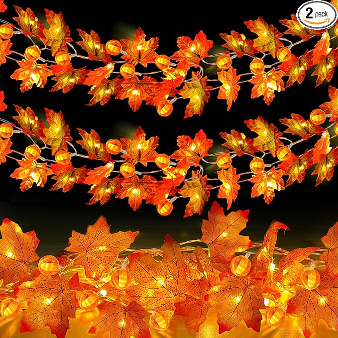 2 Pack Fall Garland with Pumpkin Lights Halloween Decorations Indoor 60 LED 20 Ft Enlarged Maples Leaves Fall Lights Battery Operated Halloween Garland Thanksgiving Decor Home Indoor Outdoor Christmas-Ruum Studio Home