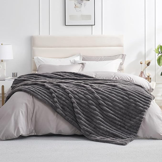 Amélie Home Faux Fur Throw Blanket for Couch, Cozy Fuzzy Fluffy Fur Luxurious Soft Striped Plush Gift Blankets for Family Sofa Chair Bed Living Room Bedroom, 60"x80", Charcoal Grey-Ruum Studio Home