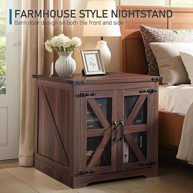 Farmhouse End Table, 24" Large Sofa Side Table with Charging Station, Mesh Barn Door, Rustic Wood Nightstand with Adjustable Storage Shelf, Square Nightstand for Living Room-Ruum Studio Home