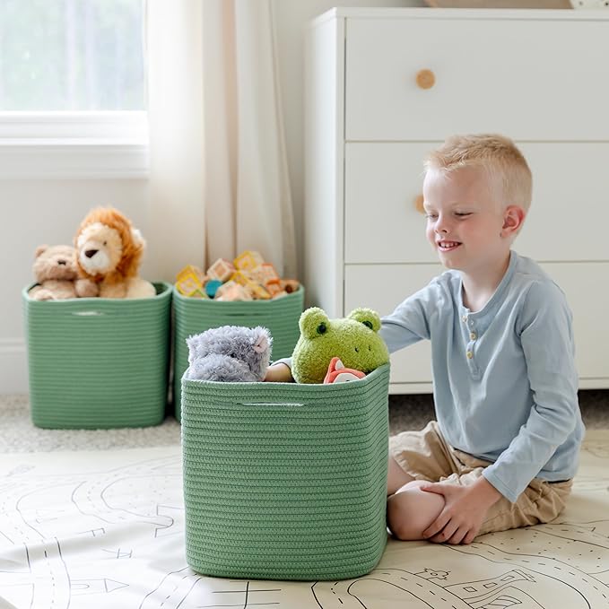 NaturalCozy 13 Inch Cube Storage Bins Cotton Rope Woven Baskets for Organizing 3-Pack | 13 x 13 Storage Cubes | Fabric Square Storage Baskets for Shelves Organizer, Kids Toy Bins, Closet Baby Nursery-Ruum Studio Home